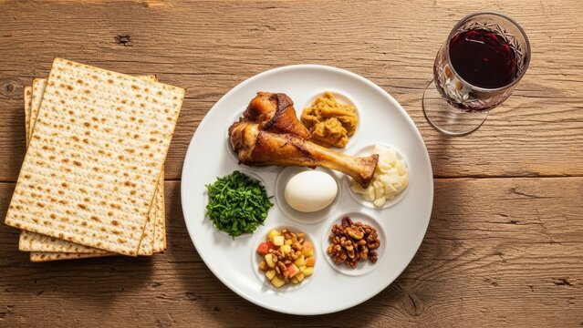 Seder plate with matzah and wine on rustic wooden table, festive meal setting.