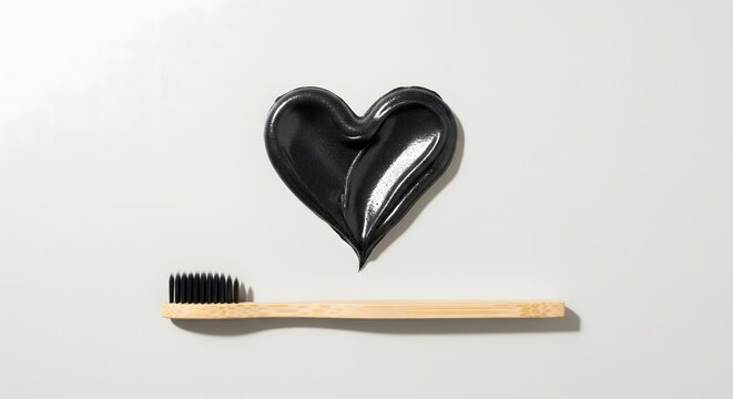 Black toothpaste shaped as a heart with a bamboo toothbrush on a light gray background.