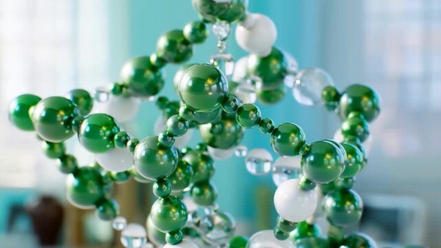 Intricate Molecular Structure Displayed in Green and White Spheres Captivatingly Designed Inside a Vibrant Aquamarine Background