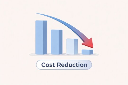 Business cost reduction concept with declining bar chart and downward red arrow for financial savings and efficiency improvement