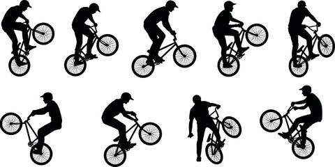 Naklejka premium Collection of BMX cyclist silhouettes performing wheelie tricks, freestyle stunts and dynamic riding poses isolated on light background, extreme sport black vector illustration set