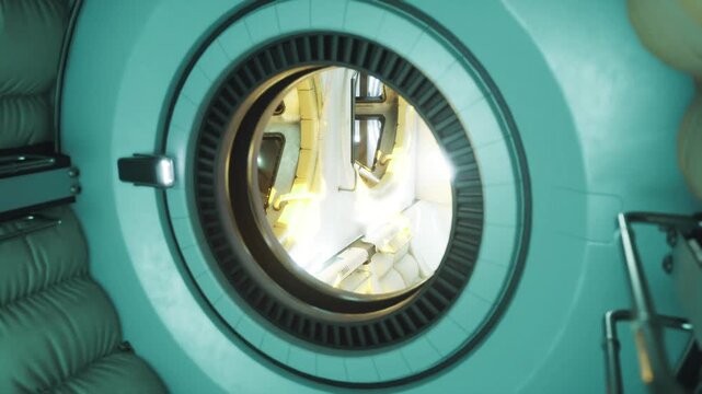 Space station hatch revealing inner service bay and equipment cluster narrow circular viewport, warm yellow lighting, metallic struts and conduit, impression