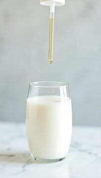 A glass of milk on a table with a dropper adding a chemical causing color change, highlighting adulteration detection, clean background, simple composition, food safety concept