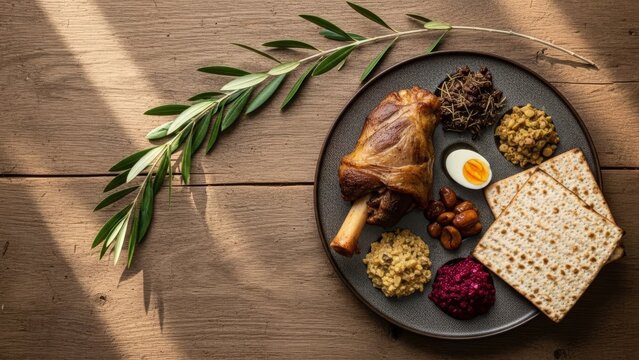 Traditional Seder Plate with roasted lamb shank and matzah on rustic wooden table