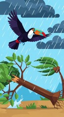 Fototapeta premium Tropical bird flies through powerful storm causing destruction to vegetation below