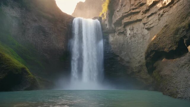 Tropical jungle waterfall cascading into emerald pool in lush Angolan rainforest with misty sunlight