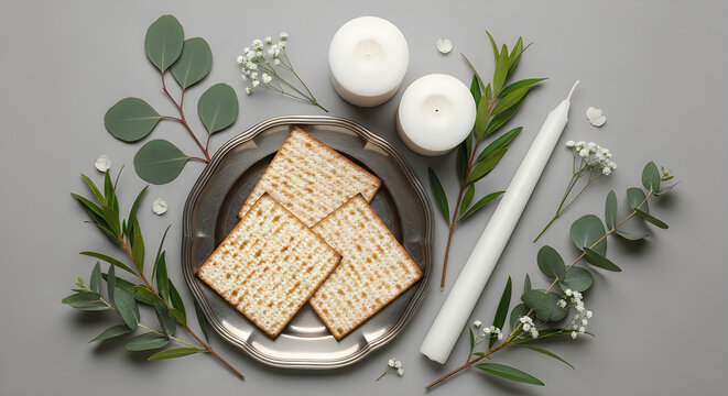 Matzah plates with candles and flowers on a gray table for Passover celebration