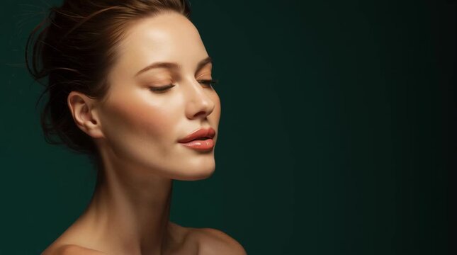 luxury medical aesthetic advertisement, elegant model female portrait with refined skin texture and defined jawline, soft sculpted side lighting, deep emerald green gradient background, subtle warm hi