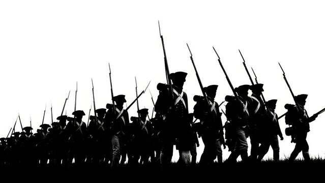 Silhouette of colonial soldiers marching in formation against a bright white sky