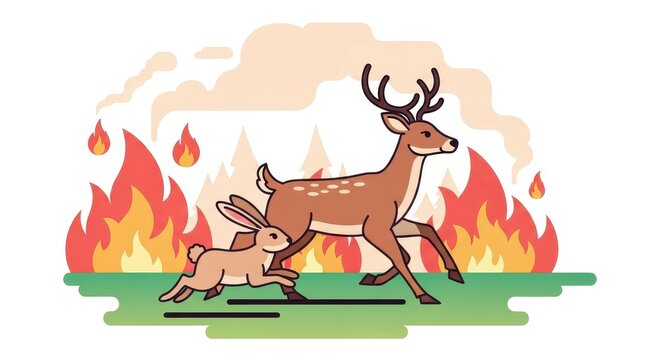 Forest animals urgently fleeing a dangerous wildfire across green terrain