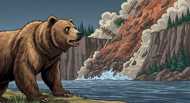Large brown mammal observes a massive rockslide cascading toward a body of water