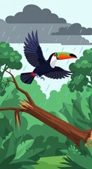 Fototapeta premium Tropical bird flies over dense foliage during a heavy downpour under dark storm clouds