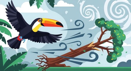 Fototapeta premium Vibrant tropical bird flies past a snapped tree during turbulent weather conditions