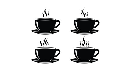 Obraz premium Elegant black silhouette vector graphic illustration featuring a collection of four steaming hot coffee cups with saucers.