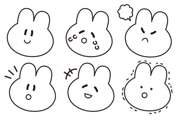 シンプルな黒線画のうさぎの表情イラストセット © aya