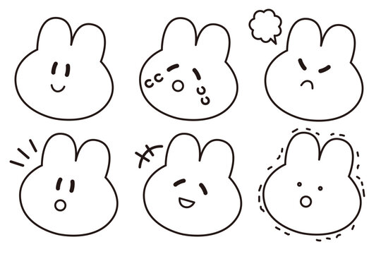 シンプルな黒線画のうさぎの表情イラストセット