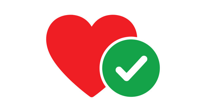 Vector graphic illustration of a vibrant red heart icon combined with a green checkmark for positive feedback.