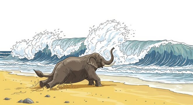 Large animal runs frantically along a sandy shore as tall ocean waves crash nearby