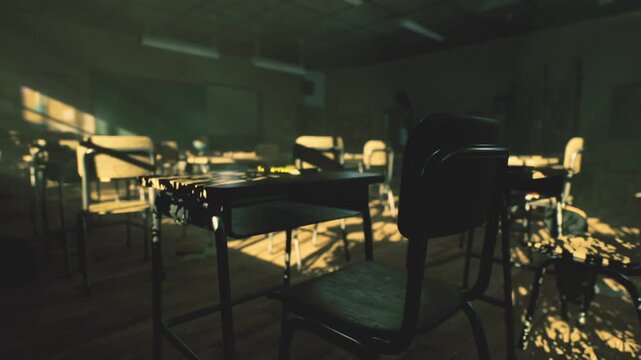Dim moody classroom desks and chairs under muted light, heavy shadows and deep contrast create cinematic lowkey scene, sense of solitude and evening study left