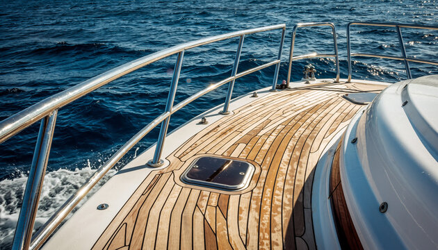 A luxurious yacht sails across the open ocean on a sunny day with a wooden deck and metal railing.