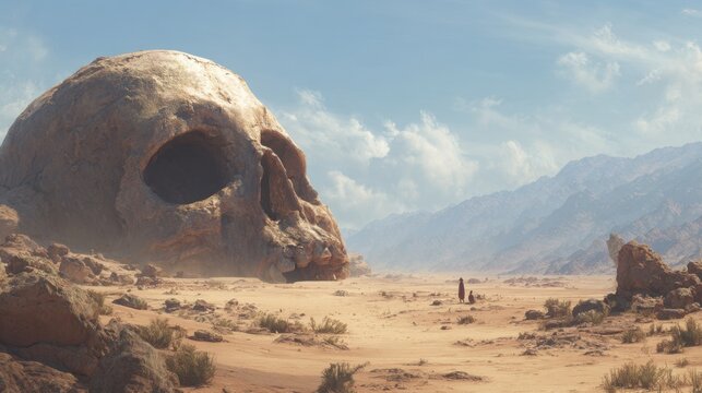 Fantasy desert landscape with giant skull rock formation and distant travelers epic surreal scene