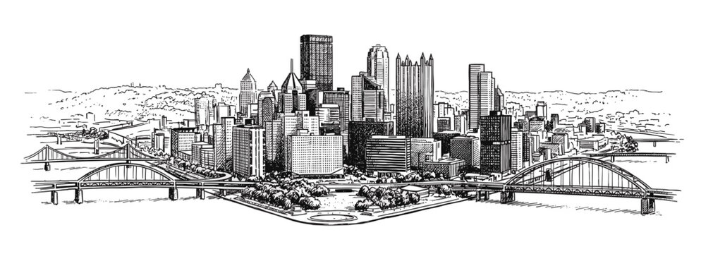 Pittsburgh Skyline Vector, Formal Isometric Line Art Drawing of Cityscape with Point State Park Fountain and Multiple Bridges. Black and White Architectural Sketch on White Background.
