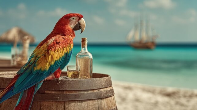 Colorful tropical parrot sitting on wooden barrel with rum bottle on beach and blurred pirate ship behind