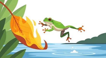 Fototapeta premium Brightly colored amphibian leaps from a burning leaf toward cool water below