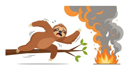 Fototapeta premium An alarmed mammal rapidly moves away from a dangerous blaze while clinging to a tree branch
