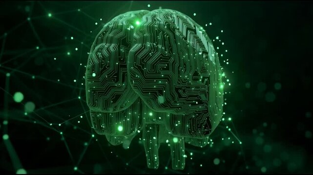 Digital Brain with Glowing Green Circuits.