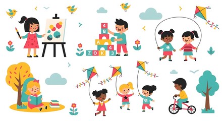 Fototapeta premium Illustration of children engaging in various activities on a white background