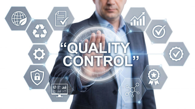 Business professional demonstrating quality control assurance with touchscreen interface and relevant environmental and data icons on black backdrop