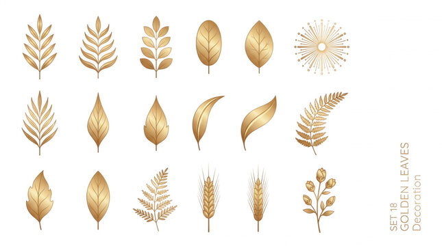 Collection of eighteen golden leaves and wheat stalks decorative elements isolated on black background for elegant designs