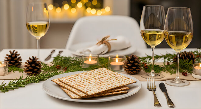 Traditional Jewish Passover seder table setting with matzo wine and candles