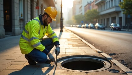 Fototapeta premium Worker in yellow vest and hard hat inspects open sewer manhole on city street at sunrise. He uses tool to check drain system. Urban infrastructure maintenance job.