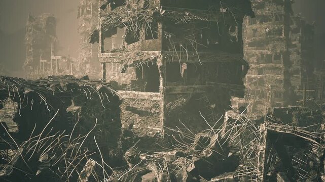 Jagged faade and scattered concrete fragments framing distant towers, gritty atmosphere with faint haze suggesting longabandoned urban battlefield.