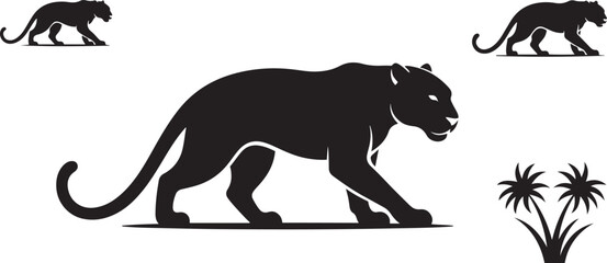 Black panther silhouette stalking with palm trees and smaller panther big cat wild animal © Unique design