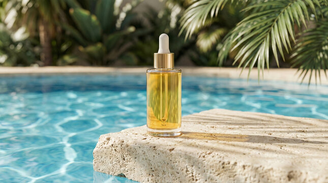 Luxury sunscreen oil bottle on stone podium by sparkling swimming pool.