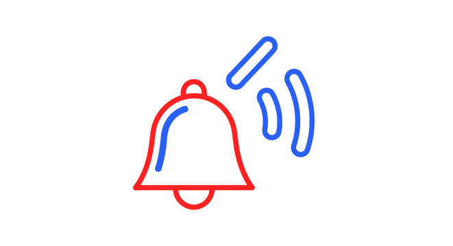 A simple line drawing of a ringing bell with sound waves on a white background in red and blue lines.