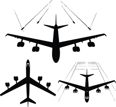 Passenger Plane Transportation Icon Set, b 52, vector, illustration, silhouette.