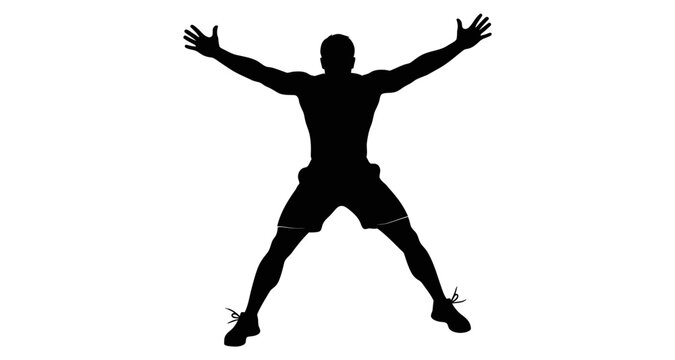 Silhouette of Man Performing Jumping Jack Exercise Outdoors Against White Background