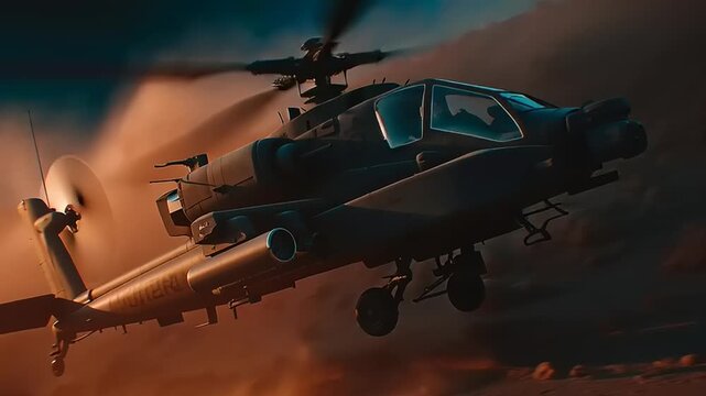 Apache helicopter flying low over dusty desert landscape at sunset