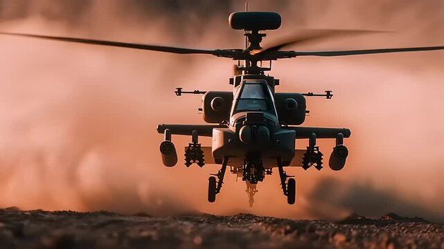 Apache helicopter flying extremely low above grassland blades in chaos