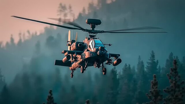 Apache helicopter hovering above treeline during reconnaissance mission