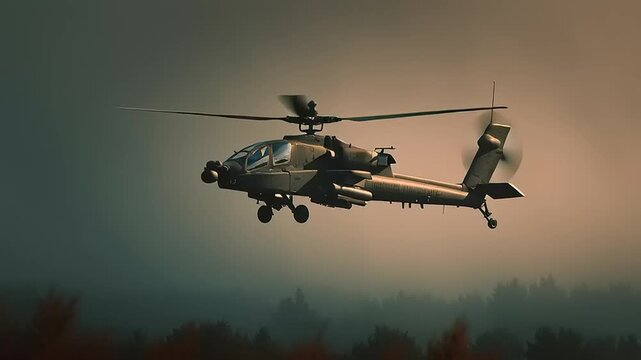 Apache helicopter hovering above treeline during reconnaissance mission