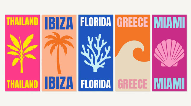 Vibrant travel poster collage featuring Thailand, Ibiza, Florida, Greece and Miami with tropical palm motifs and seashell accents
