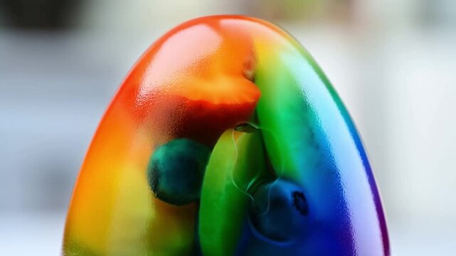 A wobbly timelapse of rainbow-colored gelatin setting in an egg-shaped mold with berries suspending inside, concept of fun easter dessert and food science
