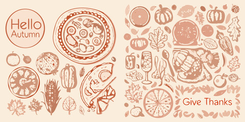 Autumn harvest illustration with food foliage and festive greetings © Rahul