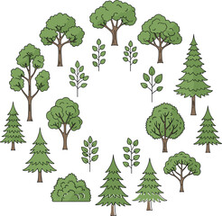 Comprehensive Vector Collection of Various Deciduous and Coniferous Trees Arranged in a Decorative Circular Frame for Nature and Forest Landscape Design © MstRakha