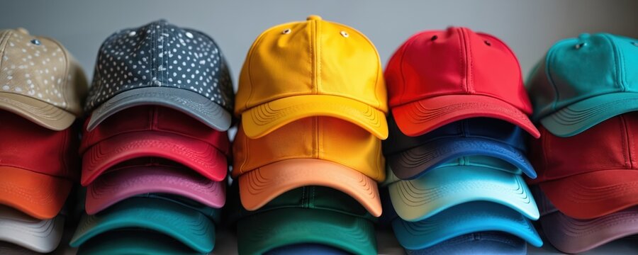 Stacks of assorted baseball caps in vibrant colors and patterns. Headwear collection offers diverse styles for casual and sporty looks. Variety of hats for all fashion tastes.